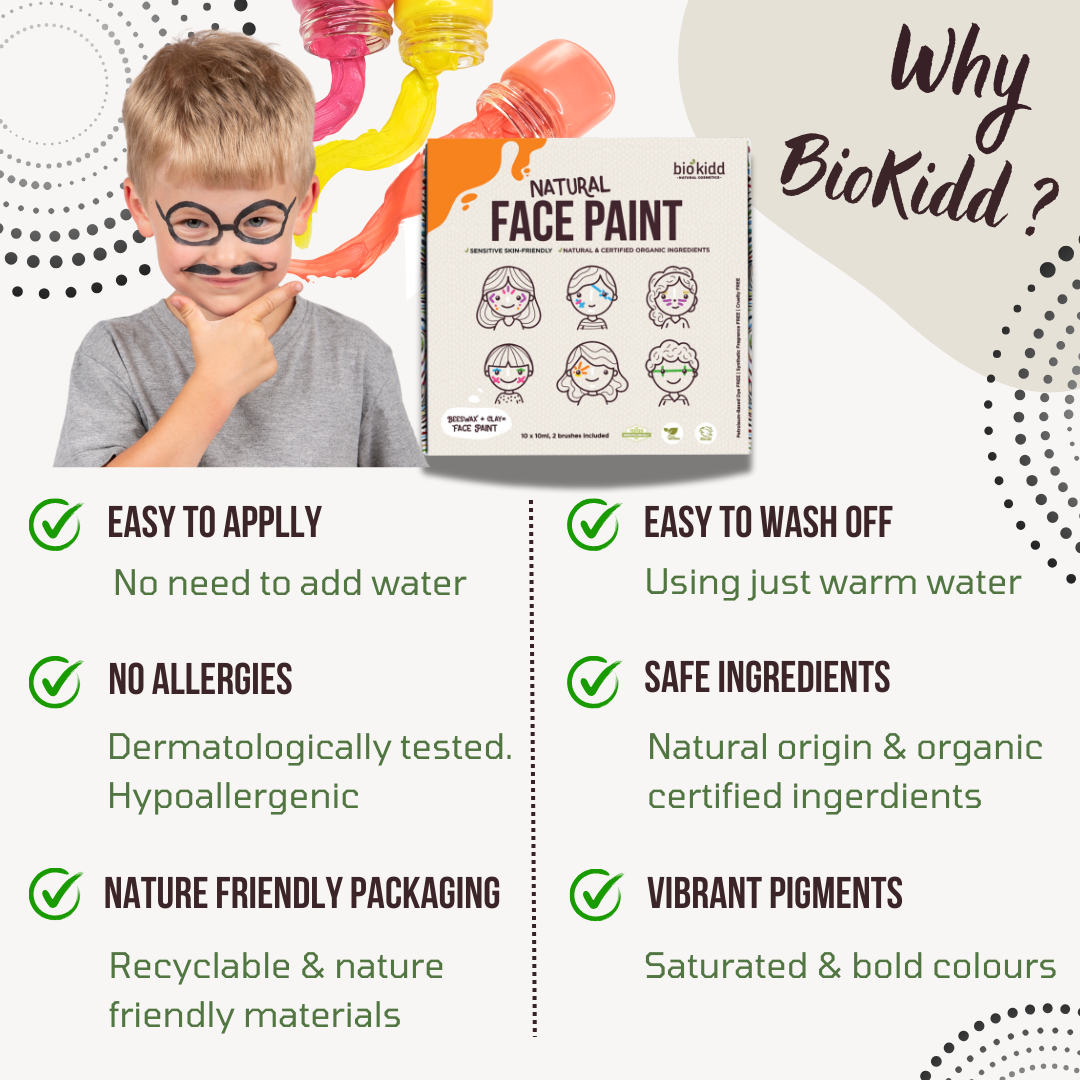 BioKidd Natural Face Paint, 10 Water Based Colours