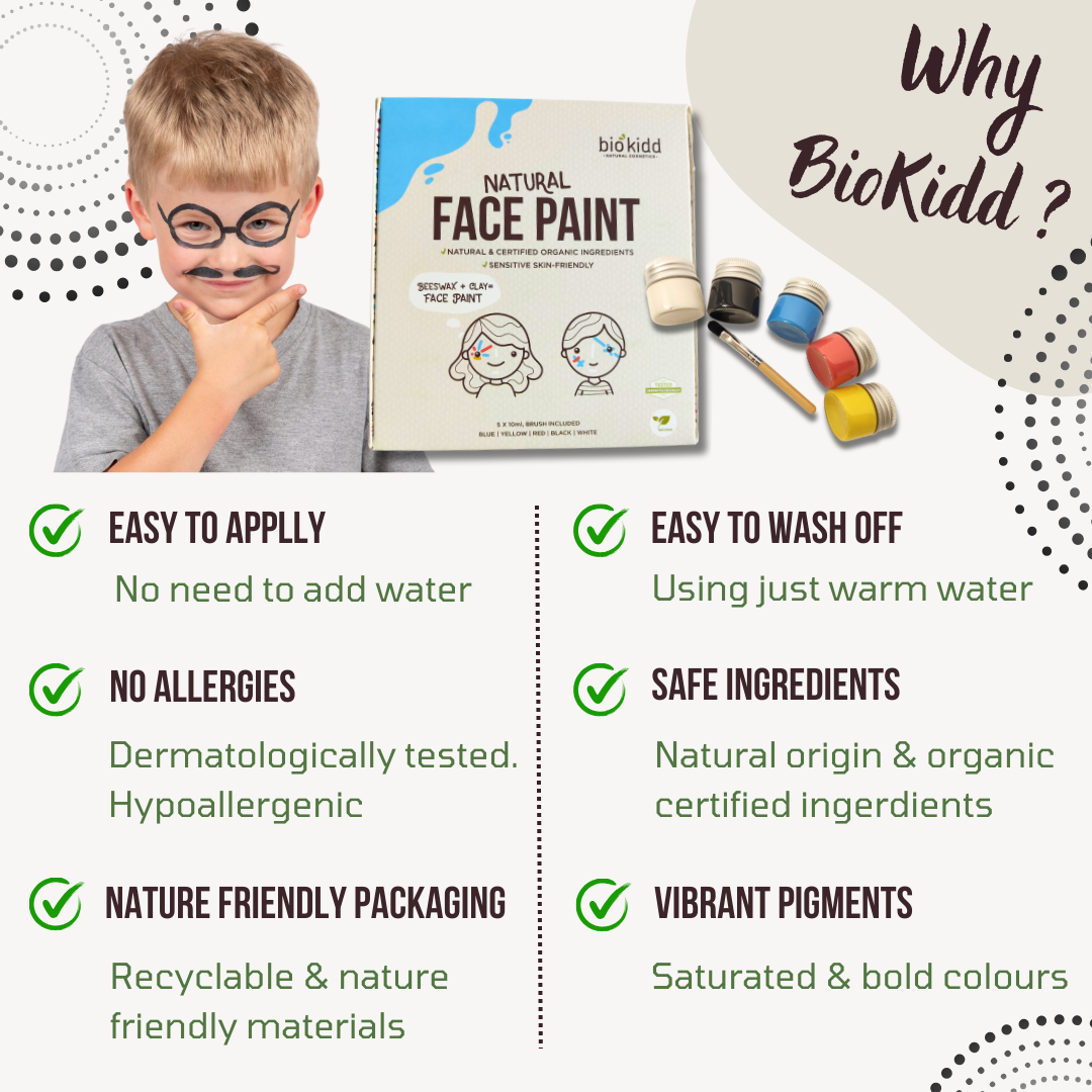 BioKidd Natural Face Paint, 5 Water Based Colours